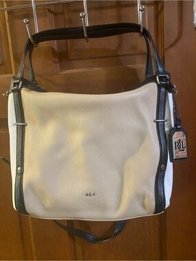 Ralph Lauren RLL Cream, Tan & Black Leather Shoulder Bag